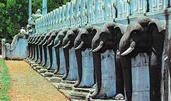 Уникальная по количеству скульптур «стена слонов» в Махаянгане. Подобные ограды характерны для дагоб — мемориальных буддийских сооружений Шри-Ланки