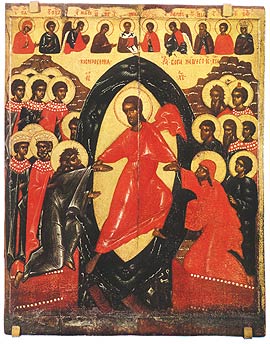 Псковская икона XIV века «Воскресение — сошествие во ад». Этот иконописный канон некоторые исследователи склонны толковать, как изображение человека во взлетающей ракете