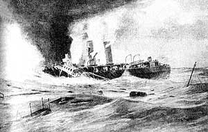 Гибель английского крейсера «Пасфайндер» от атаки немецких подводных лодок у западных берегов Великобритании 