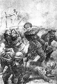Прапорщик Петухов заметил, что несколько немецких солдат окружают его ротного командира. Не теряя ни мгновения, прапорщик вместе с двумя солдатами ринулся на помошь и предотвратил нападение неприятеля. 